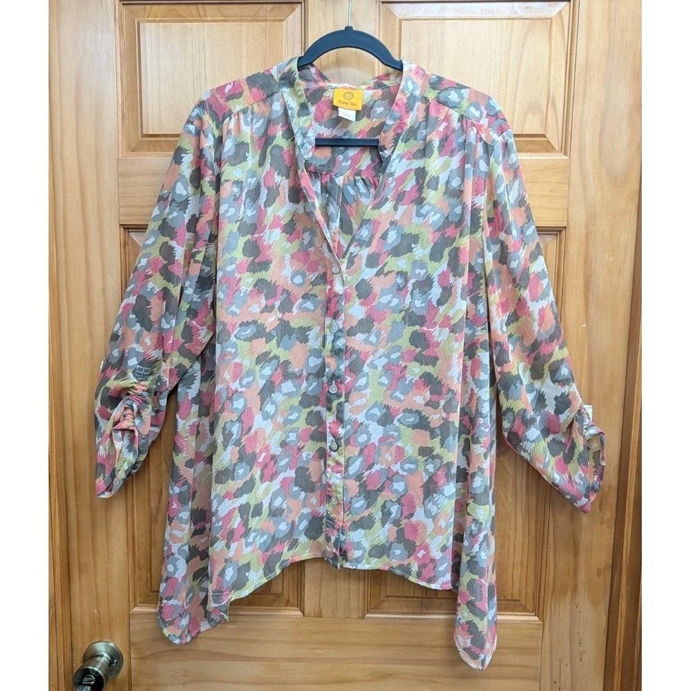 Ruby Rd Women's XL Blouse Semi Sheer Button-Down Front 3/4 Sleeves Asymmetrical